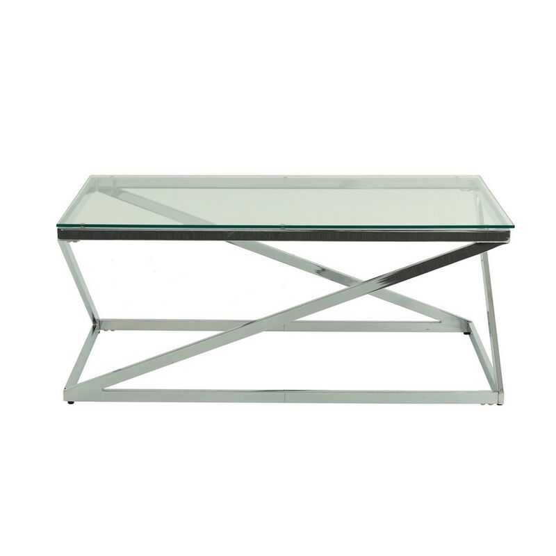 Gen Coffee and End Table Set of 3, Tempered Glass Top, Chrome Metal Base - Benzara