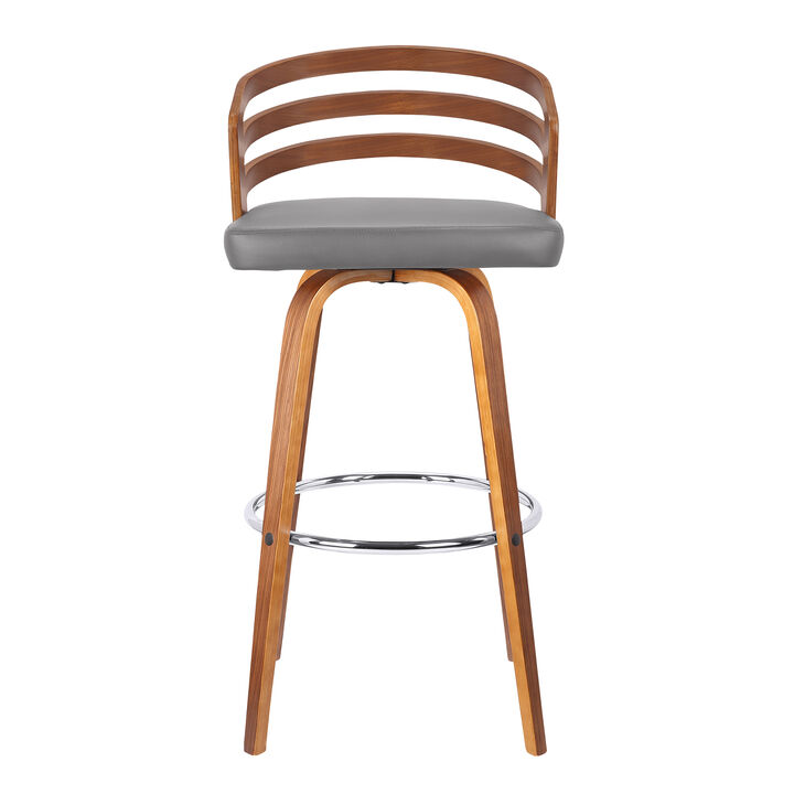 Leatherette Swivel Wooden Counter Stool with Curved Back, Brown and Gray - Benzara