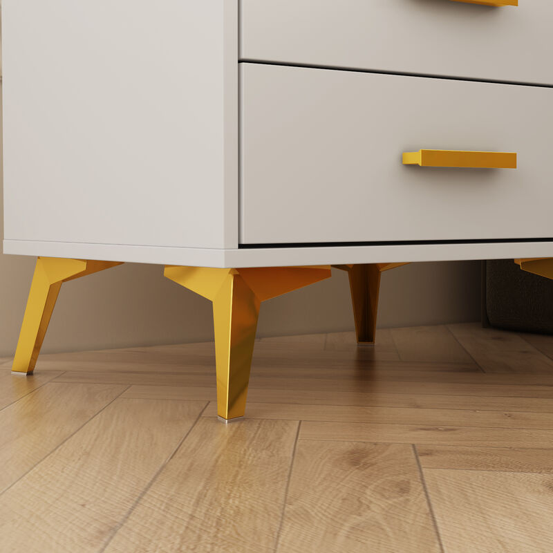Modern Nightstand with 3 Storage Drawers & Gold Metal Legs, Minimalist and Versatile Bedside Table Sofa End Side Table, White (19.7" W x 15.7" D x 23.6" H)