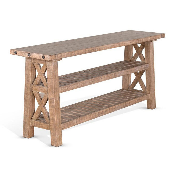 Anva Sofa Table, Light Brown Mahogany, 2 Shelves, Rectangular 60 Inch - Benzara