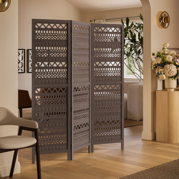 Karma 3 Panel Folding Room Divider Screen, Antique Gray Mango Wood, Inticate Cut out Geometric Design