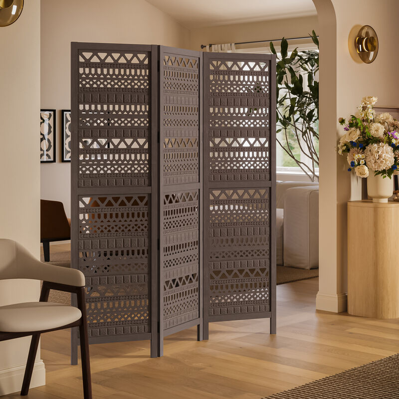 Karma 3 Panel Folding Room Divider Screen, Antique Gray Mango Wood, Inticate Cut out Geometric Design
