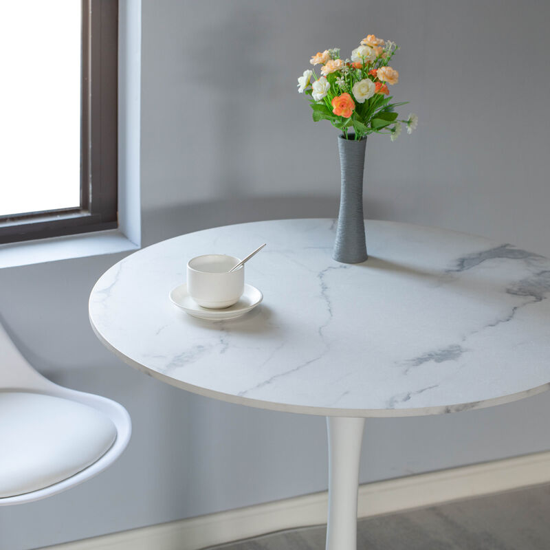 31.5" White Round Tulip Table with Modern Marble Painting Top and Sturdy Wooden Pedestal Stand, MDF Accent Dining Table