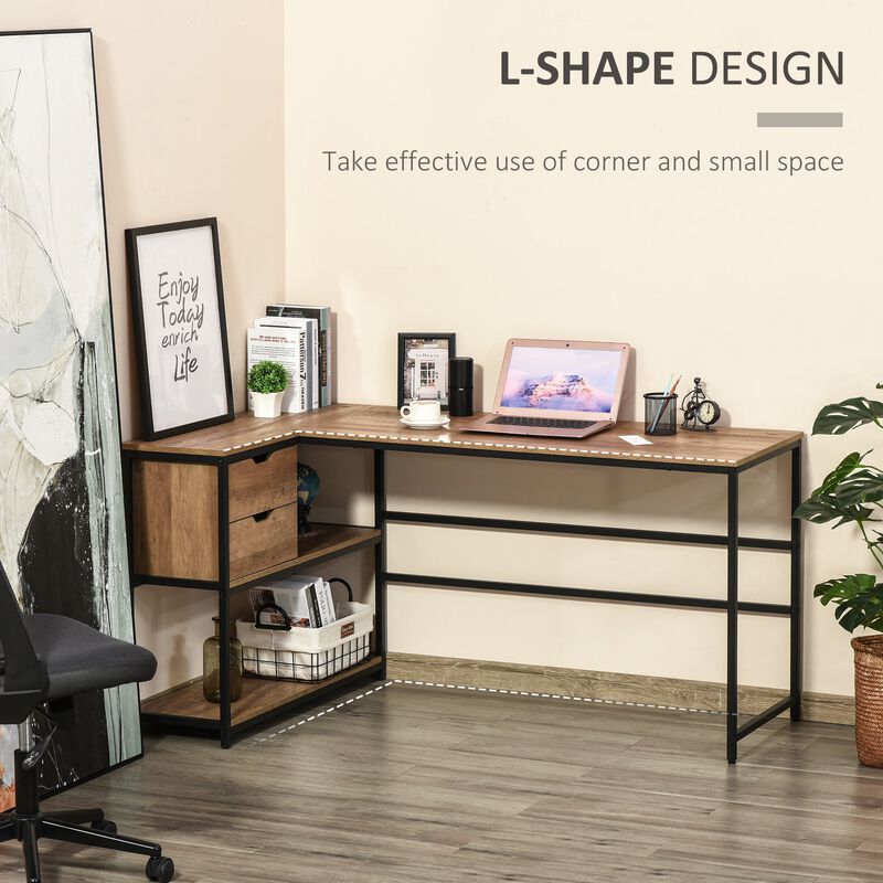 Brown Corner Workstation: L-Shaped Desk with Storage and Drawer