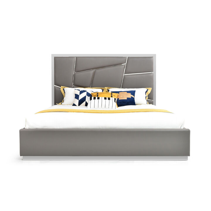 Cid Ape King Bed, Accent Headboard, Gray Bonded Leather Upholstery - Benzara