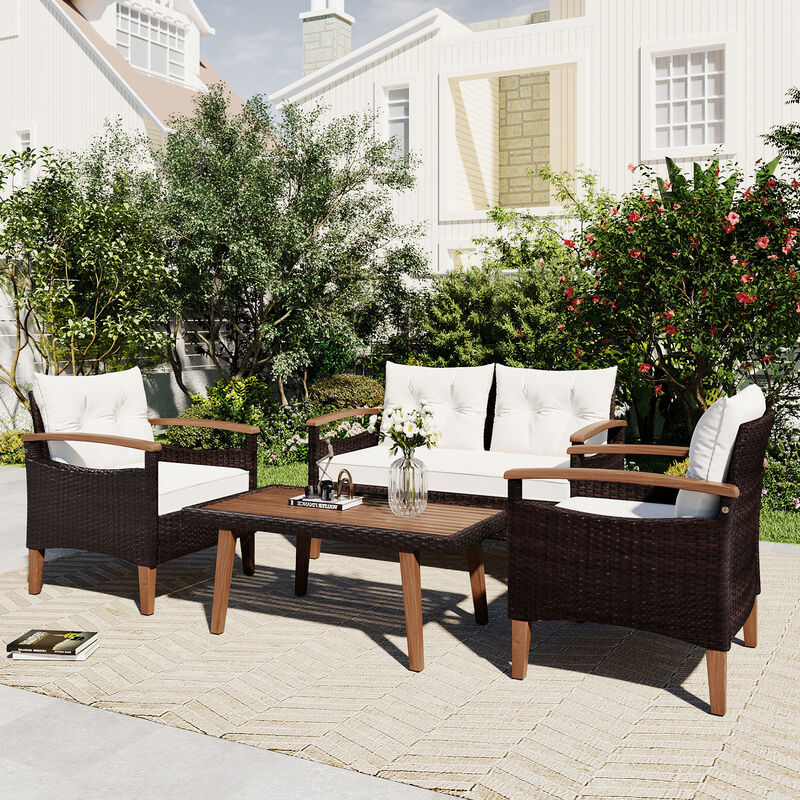 Merax 4-Piece Garden Furniture, Patio Seating Set, PE Rattan Outdoor Sofa Set