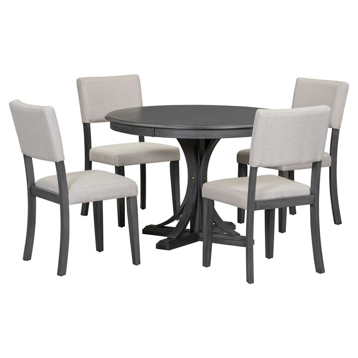 5-Piece Retro Round Dining Table Set With Curved Trestle Style Table Legs And 4