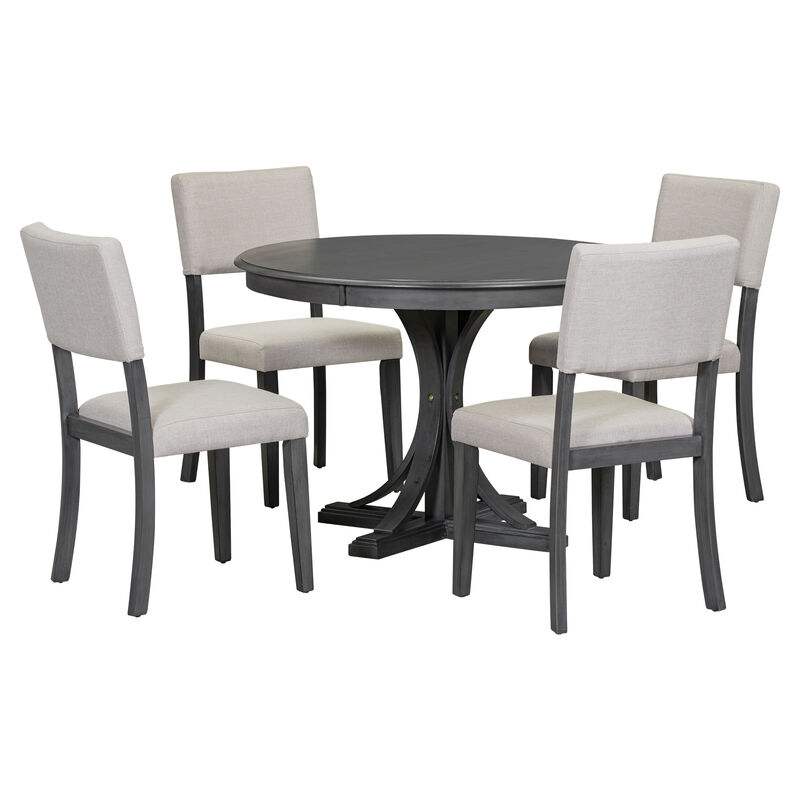5-Piece Retro Round Dining Table Set With Curved Trestle Style Table Legs And 4