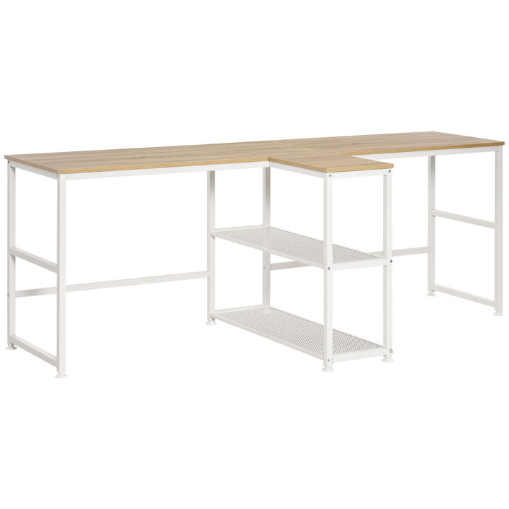 HOMCOM 83" Two Person Computer Desk with 2 Storage Shelves, Double Desk Workstation with Book Shelf, Long Desk Table for Home Office, Natural