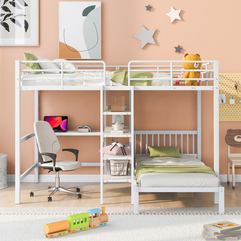 Full Over Twin Metal Bunk Bed With Built-In Desk, Shelves And Ladder