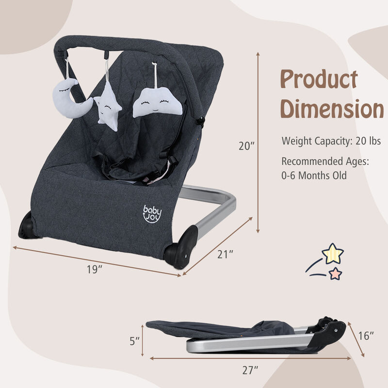 Foldable Baby Bouncer with Removable Fabric Cover and Toy Bar for Comfort and Entertainment