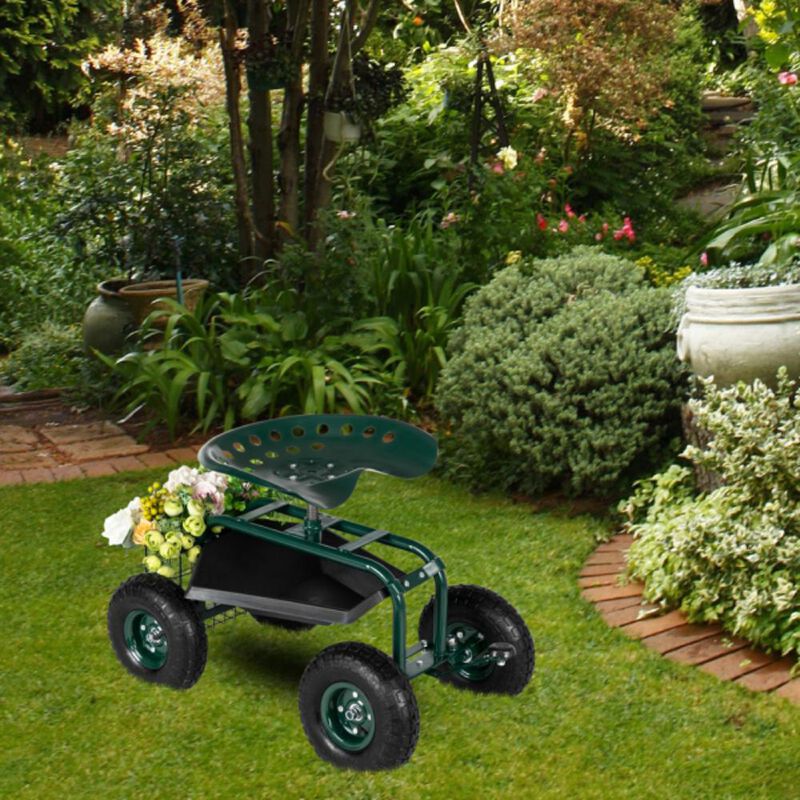 Short Handle Garden Seat Cart Portable Rolling Seat with Storage for Easy Gardening & Yard Work