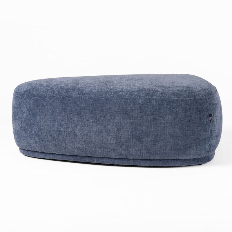 Reno Kini 44 Inch Ottoman, River Rock Shape, Blue Polyester, Wood Frame - Benzara