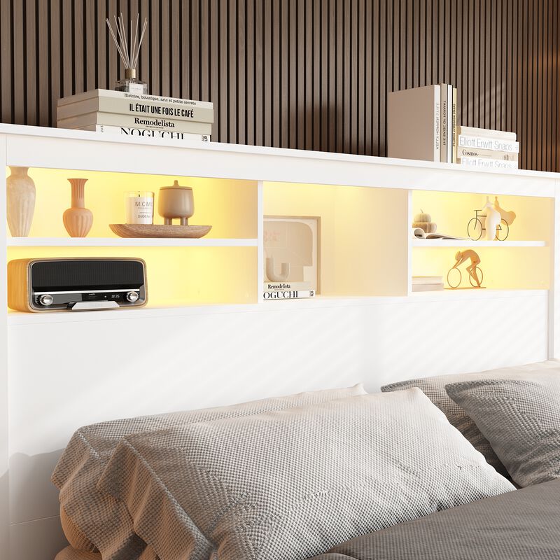 Full Queen White Wood Headboard Shelf With 5-Shelves and LED Lights
