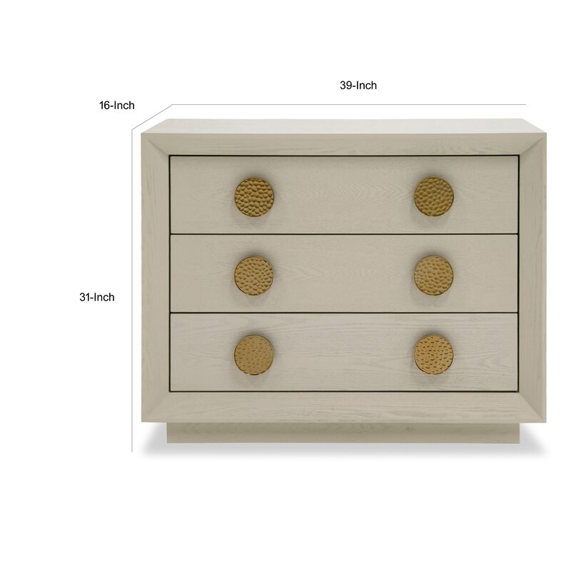 Cid Jorie 39 Inch Nightstand, 3 Drawers, Cream White Wood, Steel Handles - Benzara