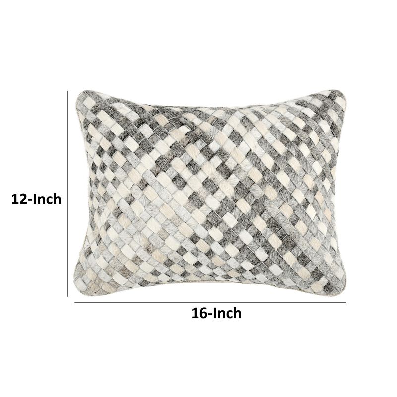 Alar Lumbar Throw Pillow, 12x16 Inch Woven Basket Pattern Hide Leather - Benzara