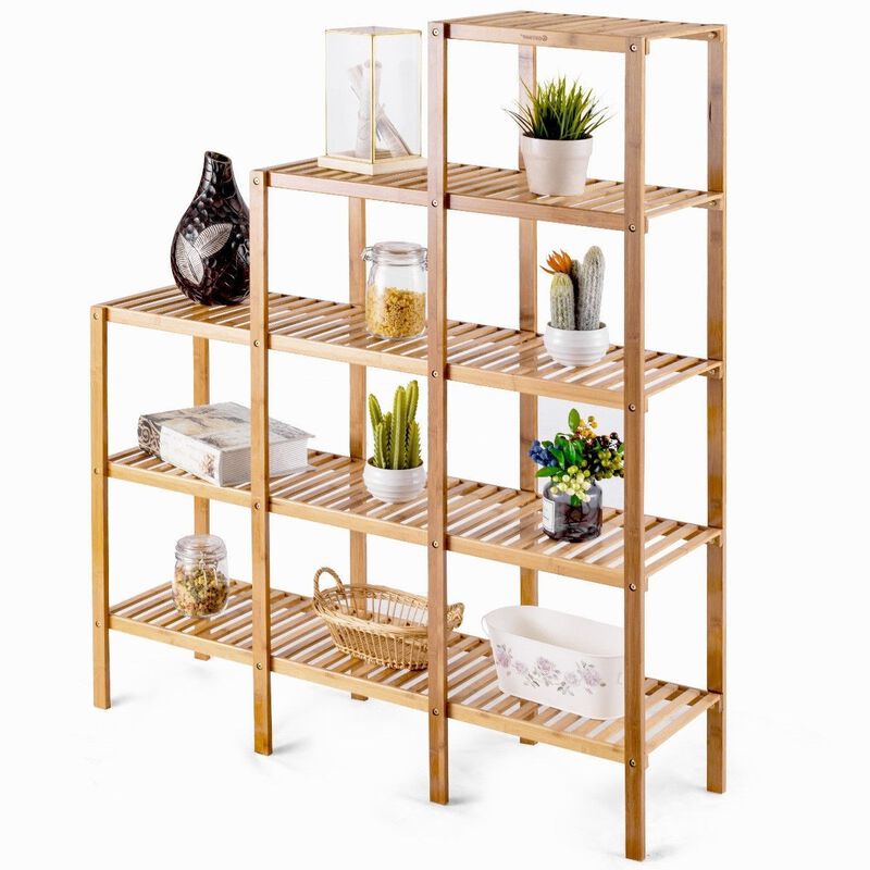 Hivvago Bamboo Wood 5 Tier Versatile Bookcase Plant Stand Storage Rack