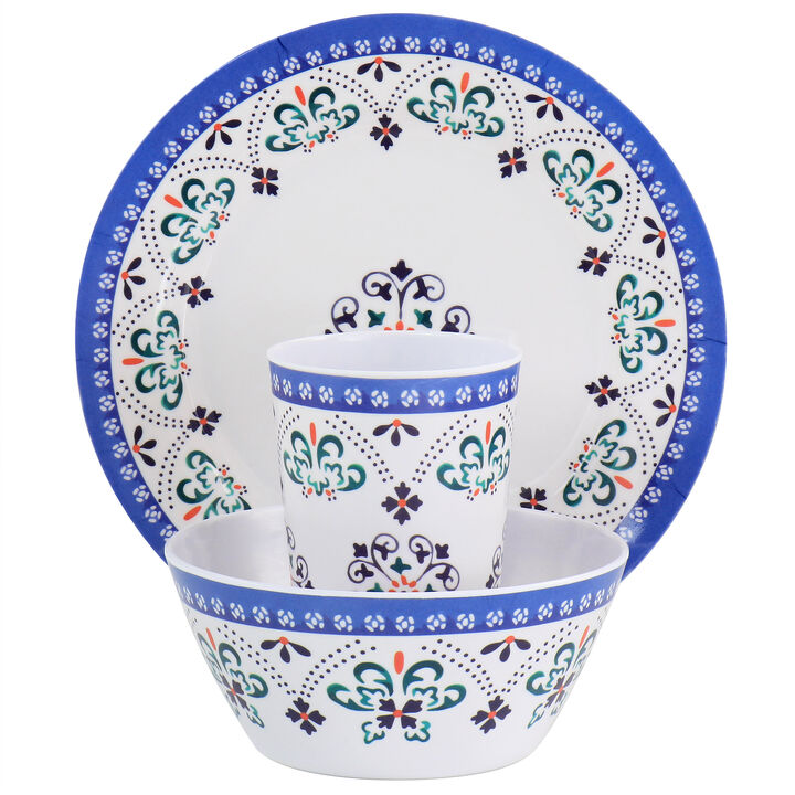 Gibson Everyday Alhambra Blues 12 Piece Melamine Dinnerware Set in Blue and White
