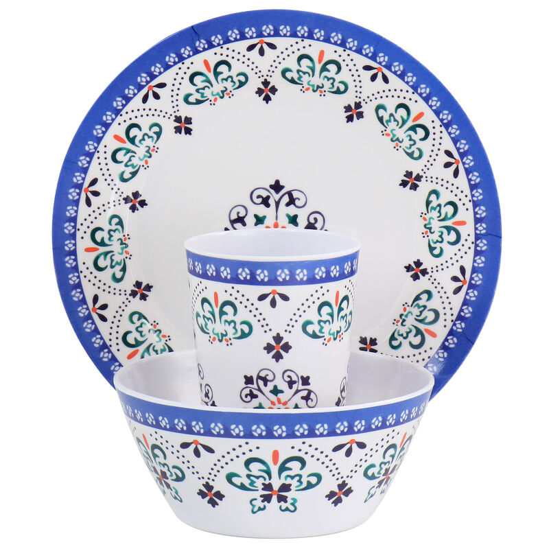 Gibson Everyday Alhambra Blues 12 Piece Melamine Dinnerware Set in Blue and White