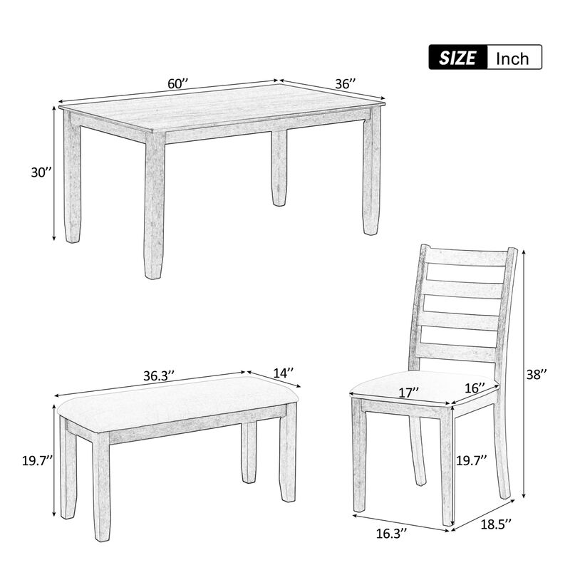 Rustic Style 6-Piece Dining Room Table Set With 4 Ergonomic Designed Chairs & A Bench
