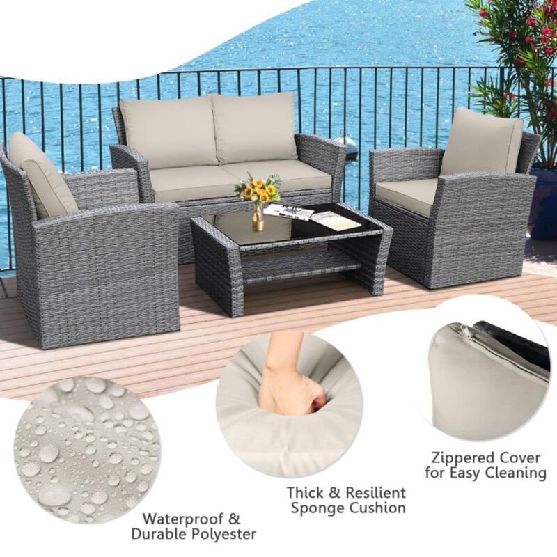 Hivvago 4 Pieces Patio Rattan Furniture Set Sofa Table with Storage Shelf Cushion
