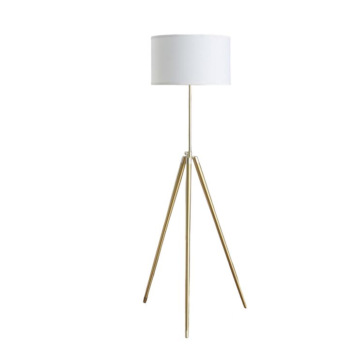 Kera Floor Lamp, White Drum Shade, Brass Gold Tripod Base 64 Inch  - Benzara