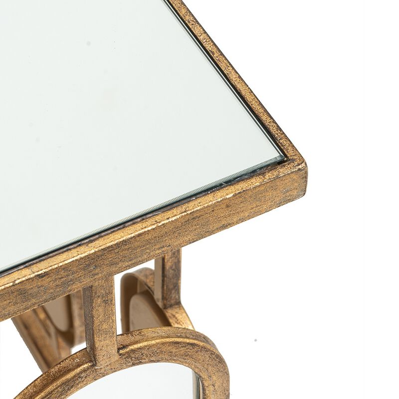 32 Inch Coffee Table, Mirror Top, Geometric Patterns, Iron, Modern, Gold-Benzara