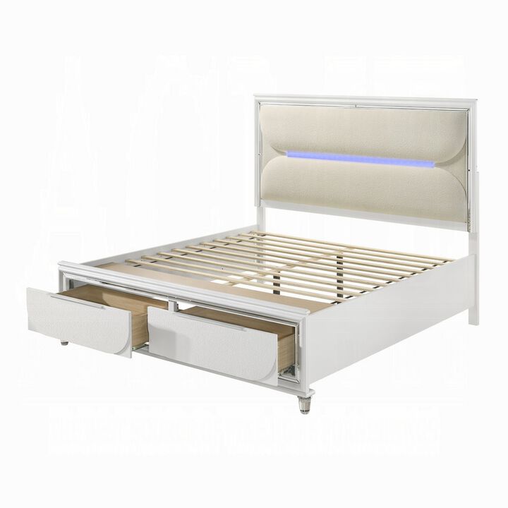 Rara King Size Bed, 2 Storage Drawers, LED, White Boucle Upholstery - Benzara