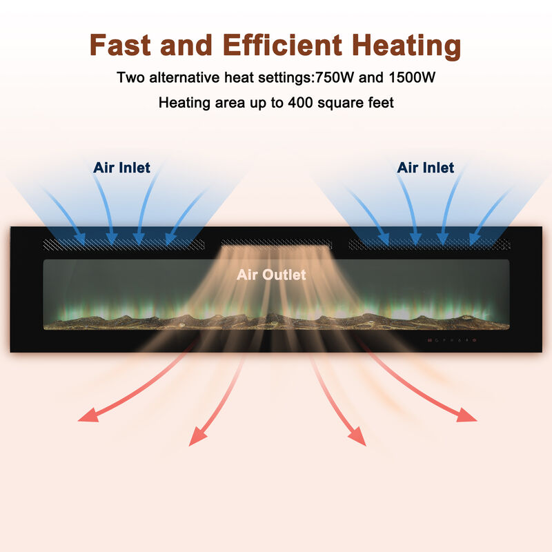 MONDAWE 72" Recessed Wall-Mounted Electric Fireplace 5000 BTU Heater with Remote Control