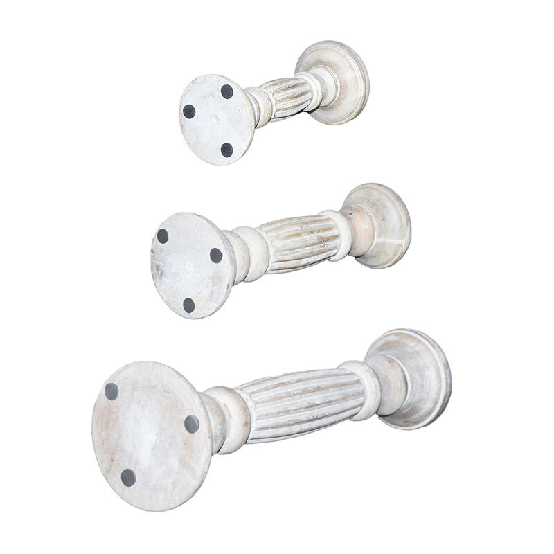 Traditional Antique White Eco-friendly Handmade Mango Wood Set Of Three 9",12" & 15" Pillar Candle Holder