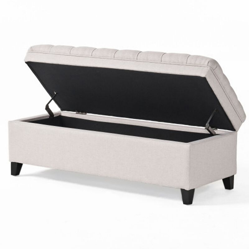 Rhya Storage Bench Ottoman, 50 Inch Seat, Button Tufted Gray Fabric - Benzara