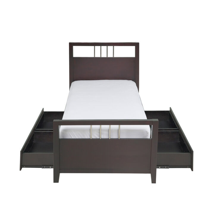 Fang Queen Size Storage Bed, Sleigh Headboard, 4 Drawers, Espresso Brown  - Benzara