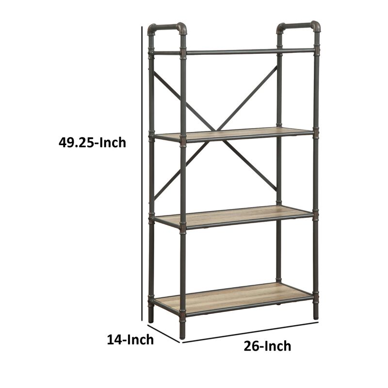 Three Tier Metal Bookshelf With Wooden Shelves, Oak Brown & Gray-Benzara