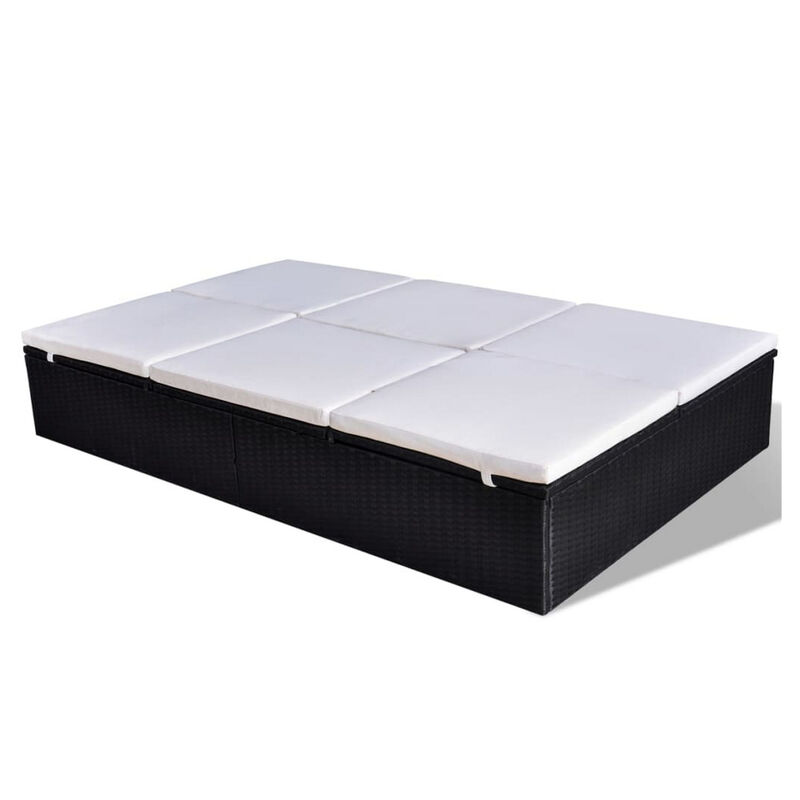 Double Sun Chaise Lounger, White Polyester, Black PE Rattan, 76 Inch - Benzara