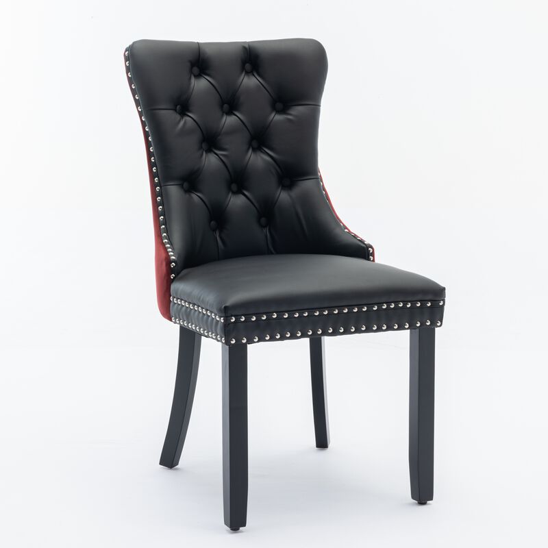 Set of 2 Upholstered Dining Chairs, Tufted Back, Nailhead Trim, Solid Wood Legs