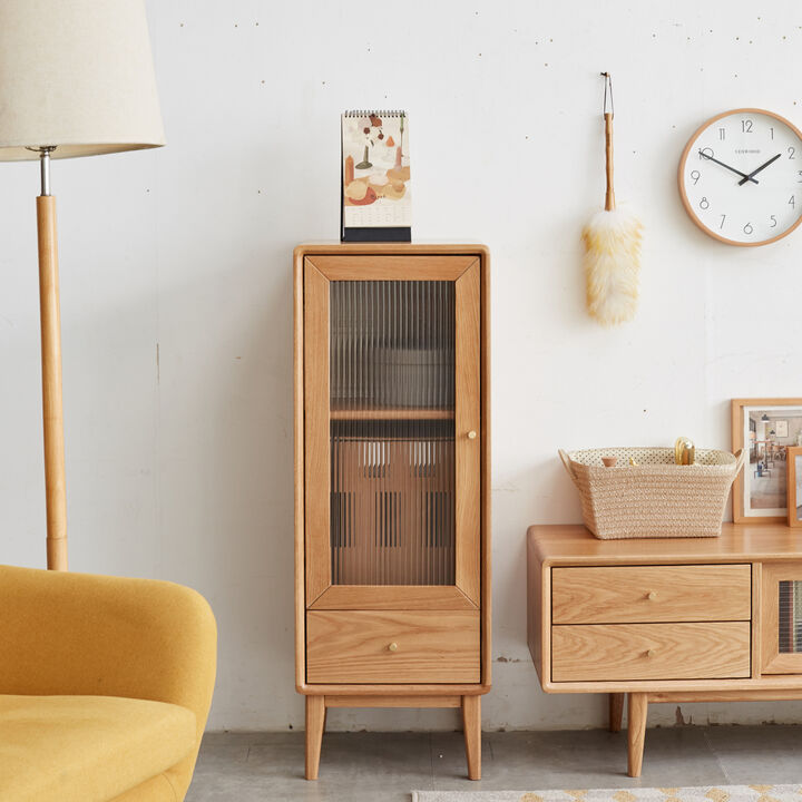 Vintage Glass Door Solid Oak Storage Cabinet
