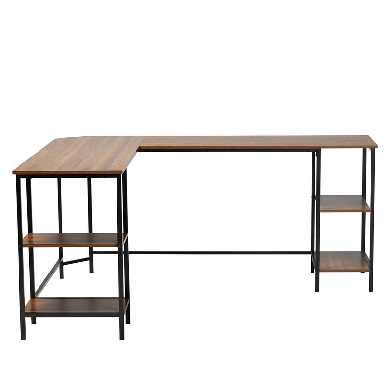Baxton Studio Lydia Walnut Brown Finished and Black Metal L-Shaped Corner Desk with Shelves