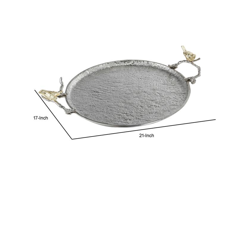 21 Inch Decorative Tray Set of 2, Perched Birds Silver Metal, Large-Benzara