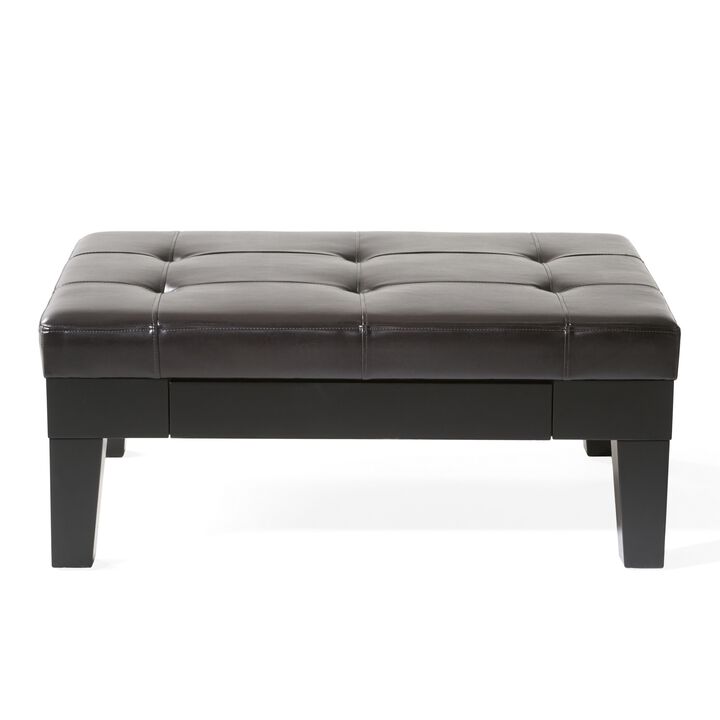 Olivia Ottoman Table, Drawer, Black Faux Leather, Coffee Brown 41 Inch - Benzara