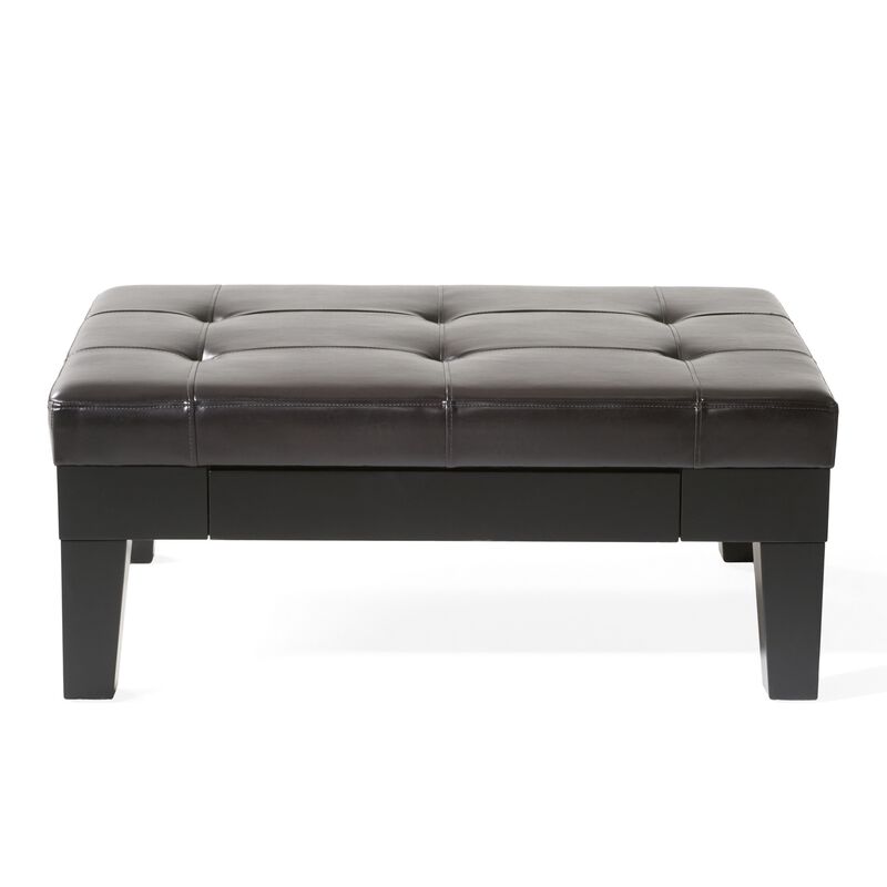 Olivia Ottoman Table, Drawer, Black Faux Leather, Coffee Brown 41 Inch - Benzara