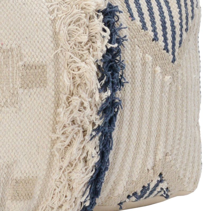 Fabric Pouf Ottoman with Woven Design and Fringe Details, Cream and Blue-Benzara