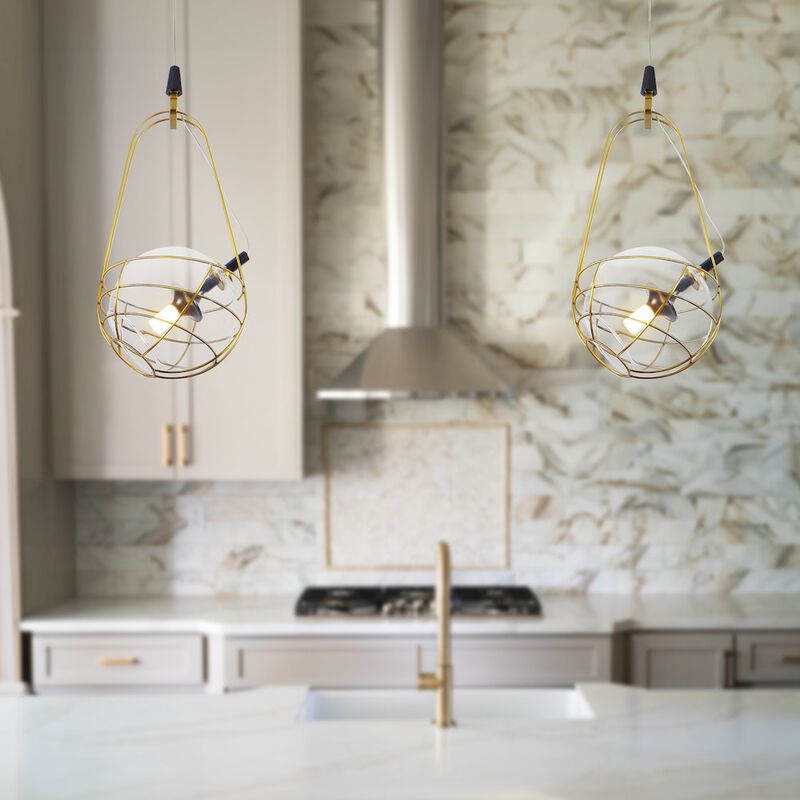 VONN Lighting Integrated LED Height Adjustable Pendant Light with Glass Shade in Antique Brass