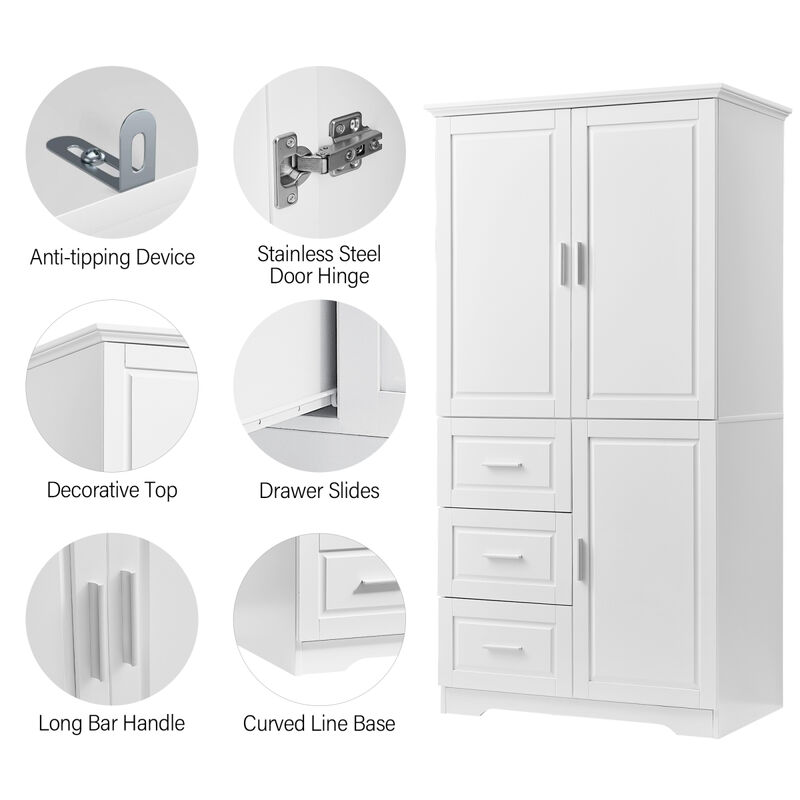 Tall And Wide Storage Cabinet With Doors For Bathroom/Office, Three Drawers, White