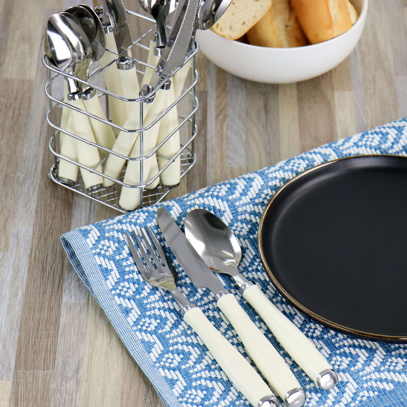 Gibson Everyday Fairfield 16 Piece Flatware Set with Wire Caddy in Egg Shell