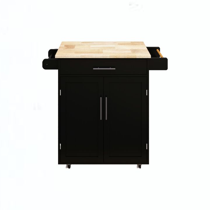 Black Wood 38.18 in. Kitchen Island with Adjustable Shelves and Towel Rack