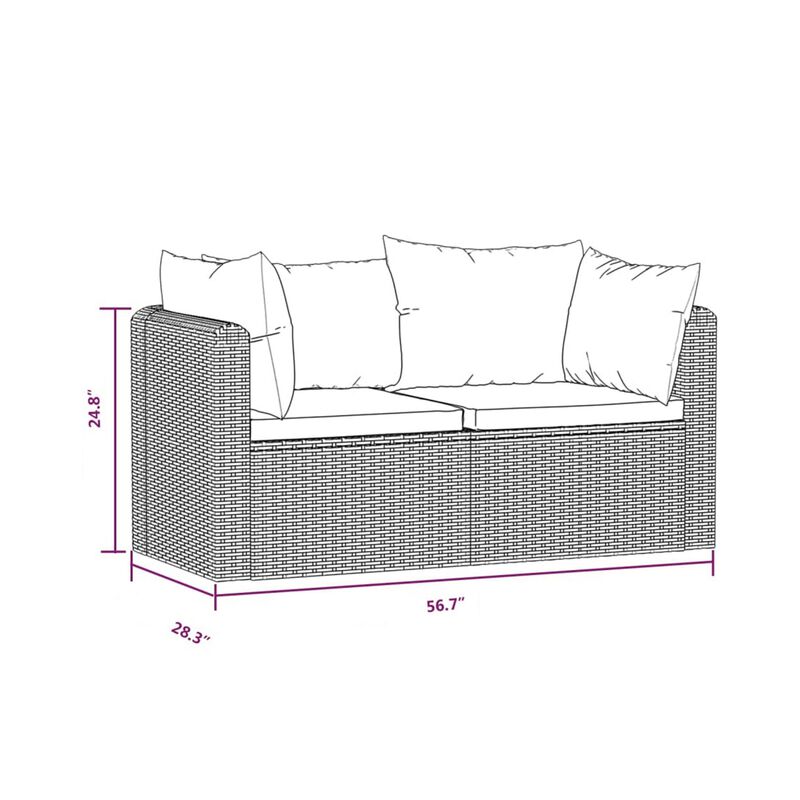 2pc Outdoor Modular Loveseat Set, Black Cushions, Poly Rattan, Steel - Benzara