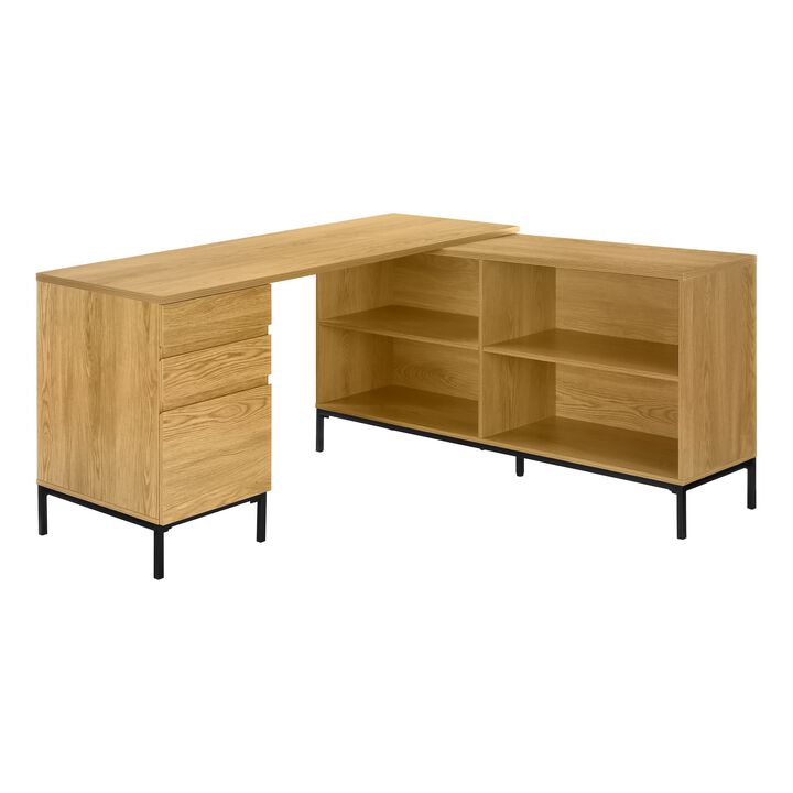 Computer Desk, Home Office, Corner, Storage Drawers, 60"L, L Shape, Work, Laptop, Metal, Laminate, Brown, Black, Contemporary, Modern