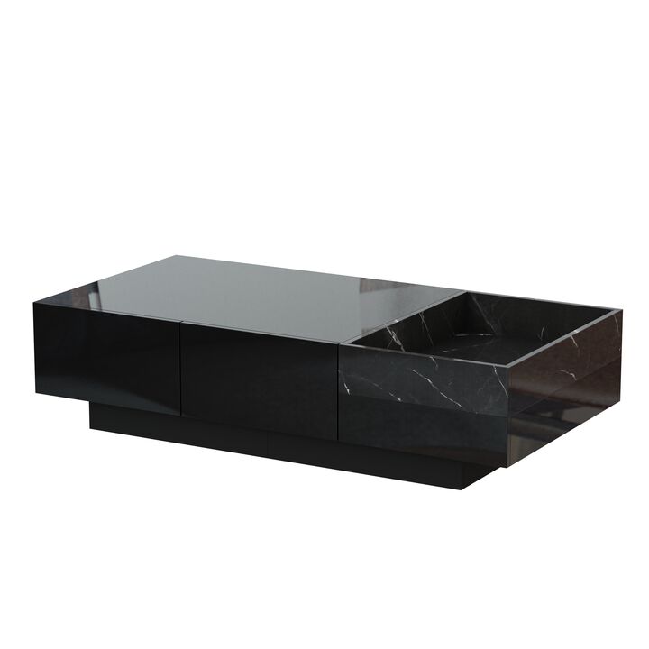 FUFU&GAGA Modern High-Gloss Black Coffee Table with Marble Texture, 2 Drawers & 3 Open Shelves (47.2" W x 23.6" D x 11.6" H), Black