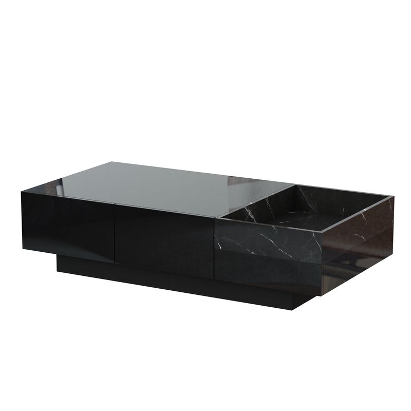 FUFU&GAGA Modern High-Gloss Black Coffee Table with Marble Texture, 2 Drawers & 3 Open Shelves (47.2" W x 23.6" D x 11.6" H), Black