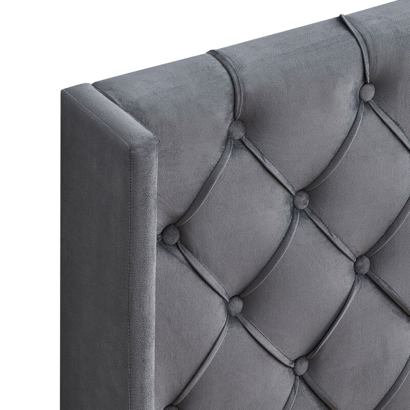 Velvet Button Tufted-Upholstered Bed With Wings Design, Strong Support, Easy Assembly